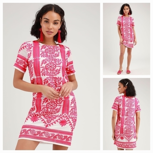 Dresses & Skirts - Fond of‎ You Hot Pink Embroidered Short Sleeve Shift Dress